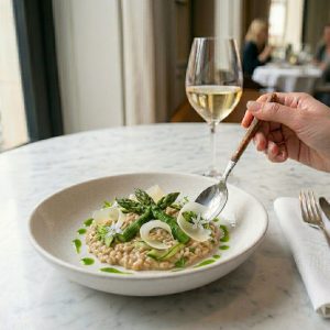 RISOTTO D'ÉPEAUTRE AUX ASPERGES VERTES ET VIEUX COMTÉ